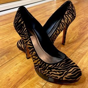 Joan & David Cheetah Fur Heels, Leather with Wooden Sole